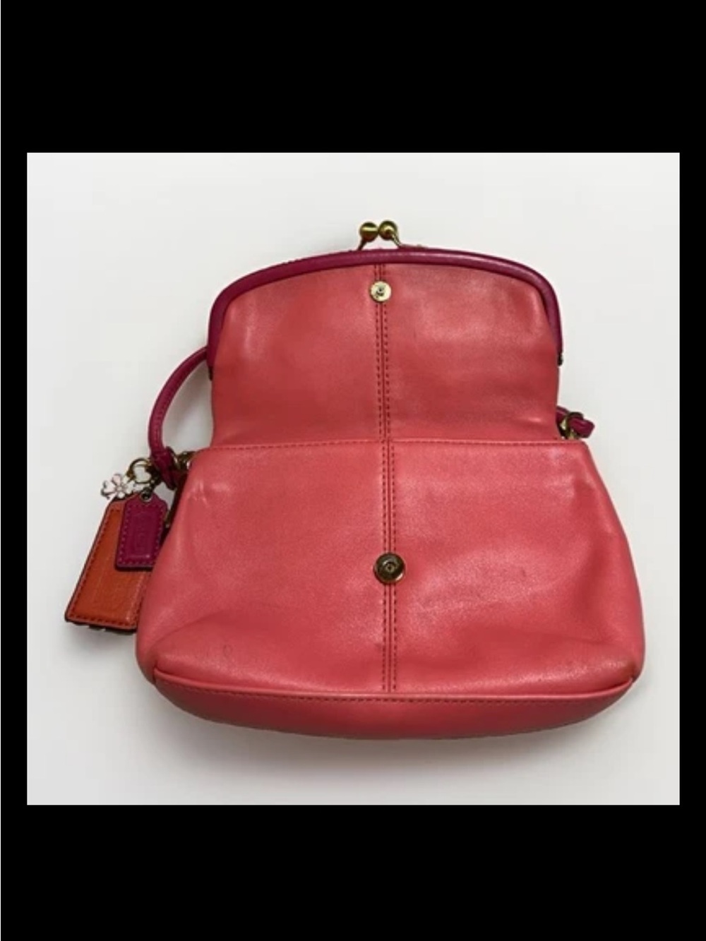 Coach Clutch/Wristlet, Foldover, Kisslock, Two-Tone Coral, Pink Leather, Brass - Picture 5 of 14